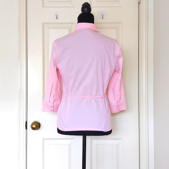 Lulumari Pink Button Down Stretch Shirt with 3/4 sleeve, 3D Flower, string belt - Picture 2 of 4